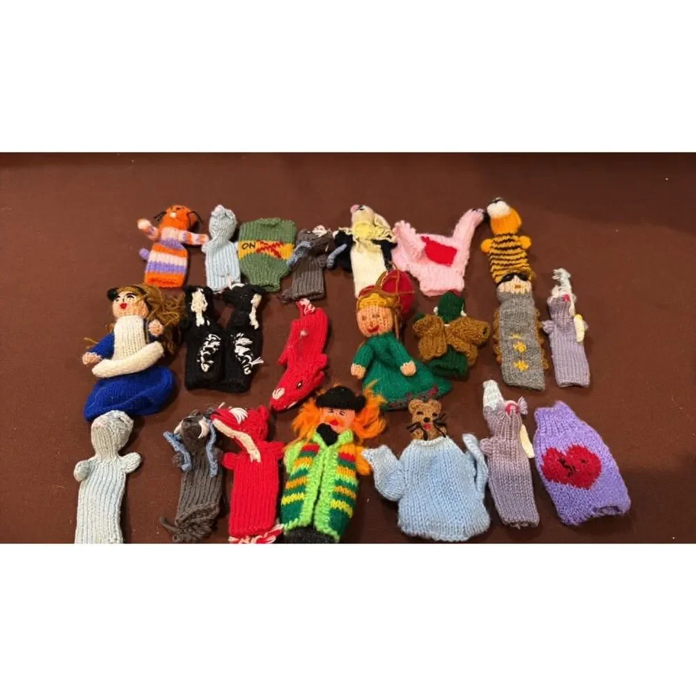 Lot of 22  Knitted  Finger Puppets People Coffee Pot Animals